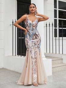 SHEIN Belle 华丽性感细肩带 V 领露背连衣裙，带串珠网眼和美人鱼下摆，适合女士正式派对晚会礼服优雅舞会晚会婚礼宾客礼服，适合毕业典礼、晚宴 - 杏色 - 查看 5