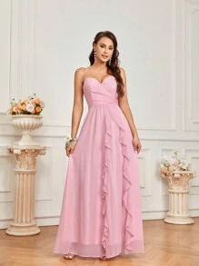SHEIN Belle Elegant Spaghetti Strap Chiffon Ruffle Trim A-Line Bridesmaid Dress With Ruffle Trim - Pink - View 4