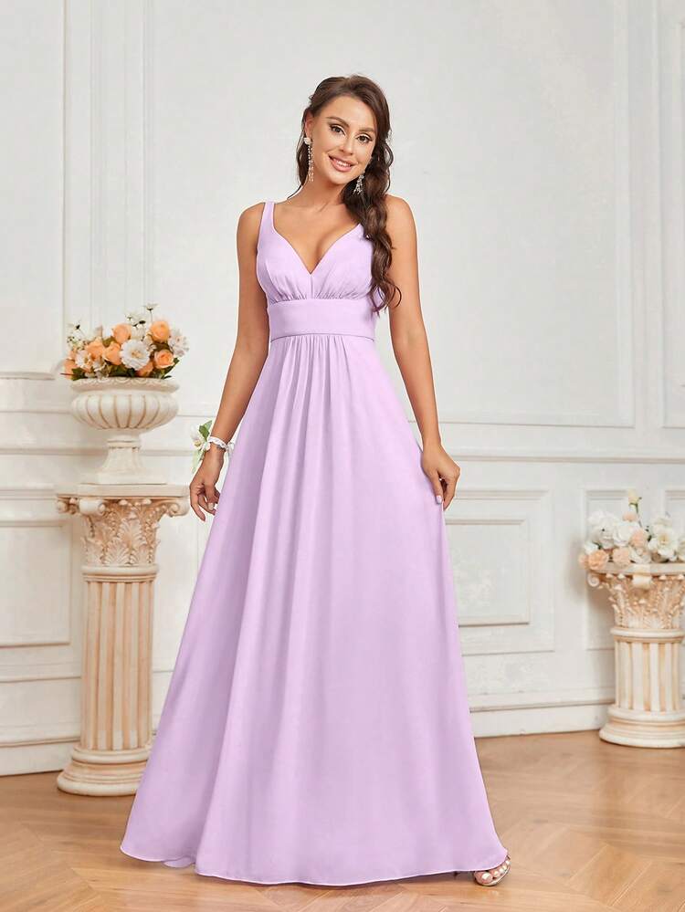Elegant Romantic Pink Purple Light Orchid Color With Flowy Sling Dress V-Neck Ruched Bodice And Crisscross Back Straps A Pendulum Suitable For Wedding Season, Music Festival, Mother's Day, Graduation Season Party Bridesmaid Dress