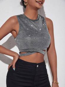 SHEIN Privé Cut Out Waist Glitter Tank Top - Grey - View 3