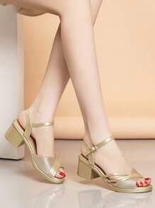 新款夏季時尚啞光粗跟鞋帶高跟鞋 - 金色 - 查看 5