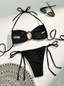 SHEIN Swim Conjunto de bikini de cuello halter texturizado, traje de baño de dos piezas con tanga, atuendo de playa para vacaciones de verano