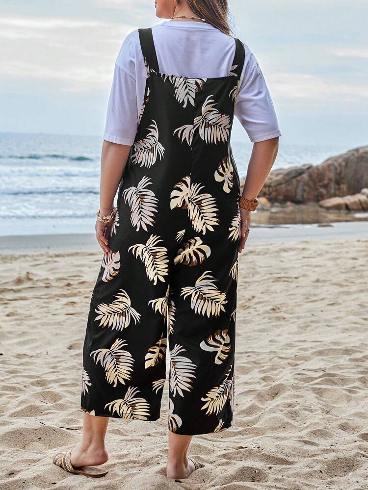 Mono Para Playa De Hojas Tropicales Estampado Para Mujeres De Talla Grande Con Frente Plisado, Tirantes Con Botones Y Largo Ajustable