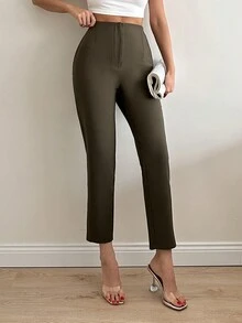 SHEIN Cottnline Ladies Pleated Solid Colored Pants - Khaki - View 4
