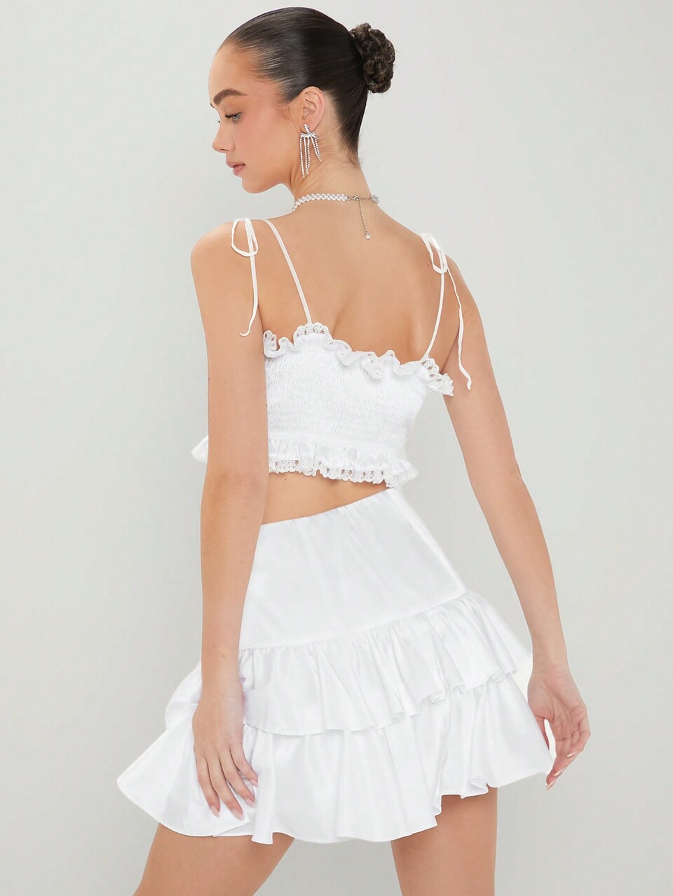 Women's Solid Color Lace Trimmed Camisole Top & Ruffle Hem Skirt Set