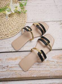 女士时尚休闲平底凉鞋和拖鞋，舒适百搭，适合春夏穿着 - 黑色 - 查看 5