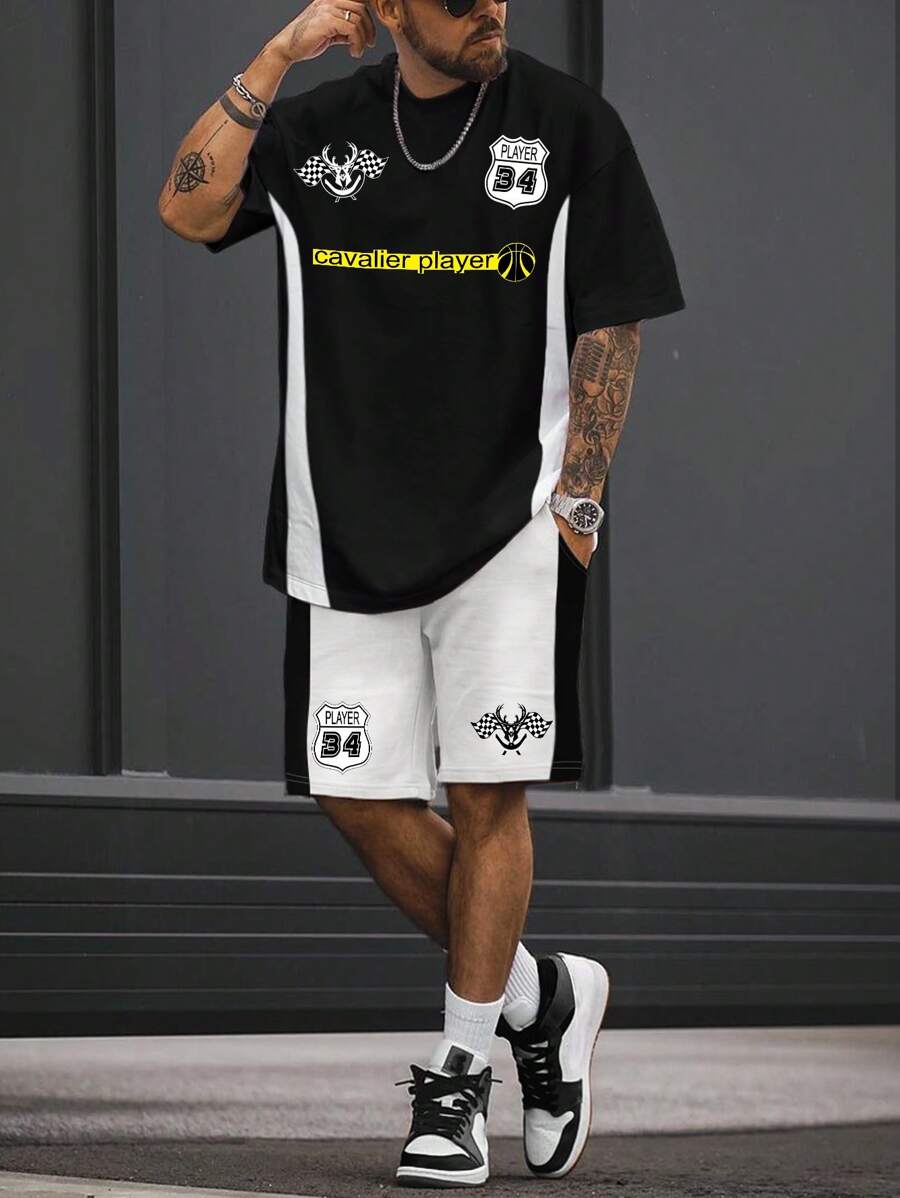 Manfinity LEGND Men's Letter Printed Short Sleeve T-Shirt And Shorts Set - Multicolor - View 1