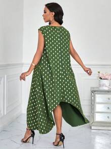 SHEIN Clasi Polka Dot Print Round Neck Asymmetric Hem Dress - Green - View 2