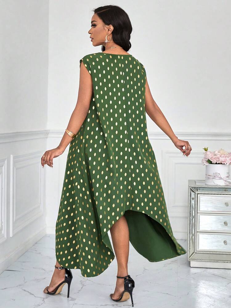 Polka Dot Print Round Neck Asymmetric Hem Dress