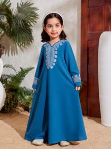 SHEIN Young Girl Patchwork Lace Straight Dress - Blue - View 5