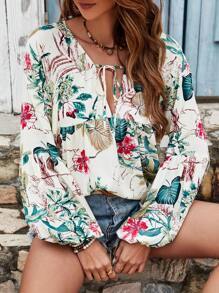 SHEIN Frenchy Summer Tropical Print Knot Neck Lantern Sleeve Blouse Winter Vacation Flower - Multicolor - View 3