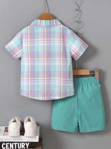 SHEIN Young Boy Plaid Breathable 2 Pieces Set, Suitable For Getaways, Holidays, Travels, Relaxation, Sunbathing, Summer, School, Campus, College - Green - View 2