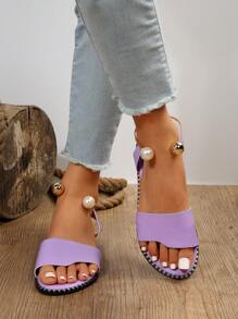 Dép đế bằng trơn màu trơn đơn giản dành cho nữ mùa hè mới có chi tiết khóa ngọc trai giả kim loại và phong cách tươi mới cho ngày lễ tình nhân - Màu tím - Xem 4