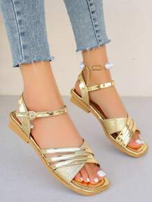女士春季金屬裝飾平底涼鞋,金色粗底舒適多用途平底涼鞋和夏季戶外開尖平底涼鞋 - 金色 - 查看 5