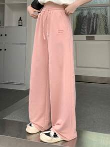 Dazy Designer Women's Pink Letter Embroidery Drawstring Waist Long Pants