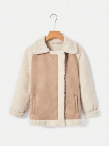 Drop Shoulder Fleece Trim Biker Coat - Apricot - View 1
