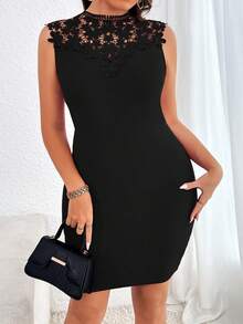 SHEIN Privé Kích thước lớn Nối Hòa tan trong nước Ren Váy bodycon - màu đen - Xem 4