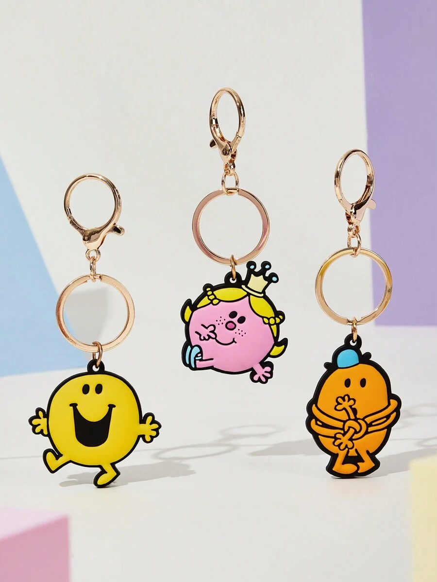 Mr Men Little Miss X SHEIN 3入組可愛的包包掛飾鑰匙圈,適用於禮物 - 彩色 - 查看 1