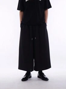 Chillumni 男士抽绳腰斜口袋裤 加大码长款褶皱男式纯黑色 秋季外出裤 - 黑色 - 查看 7