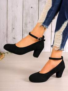 女性圓頭踝帶高跟鞋,時尚百搭 - 黑色 - 查看 5