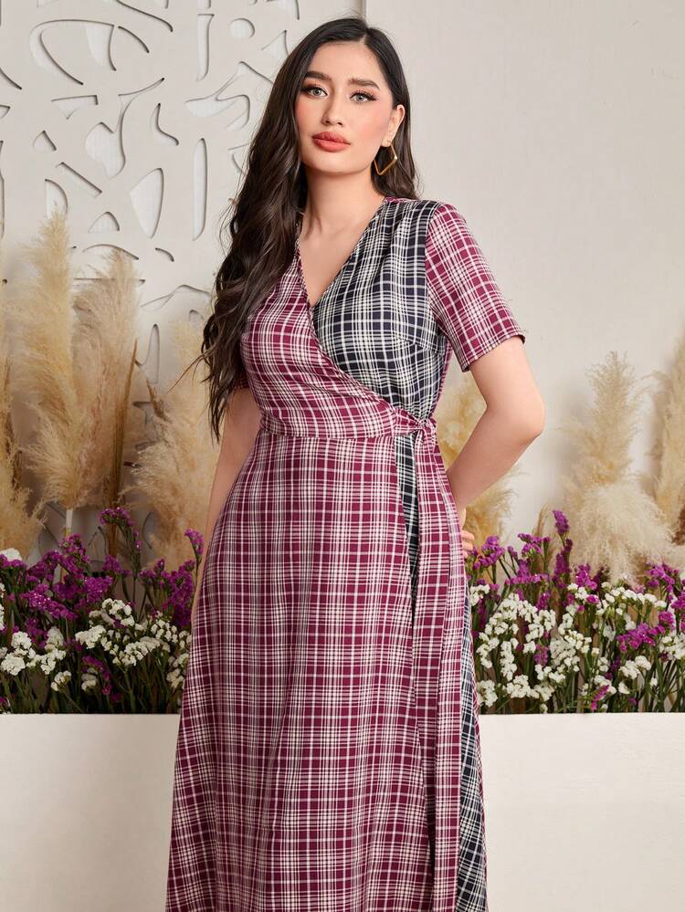 Color Block Grid Pattern Wrap V-Neck Dress
