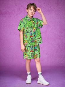 Nick 90s | SHEIN Conjunto de 2 piezas de camisa abotonada informal y pantalones cortos con diseño de dinosaurio monstruo divertido en verde para niño preadolescente - Verde - Ver 5