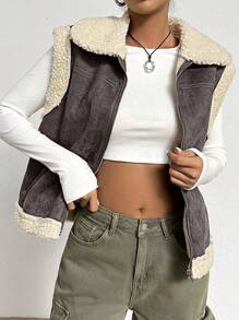 SHEIN EZwear Chaleco Con Parches De Piel Y Piel - Caqui - Ver 3