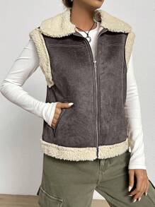 SHEIN EZwear Chaleco Con Parches De Piel Y Piel - Caqui - Ver 5