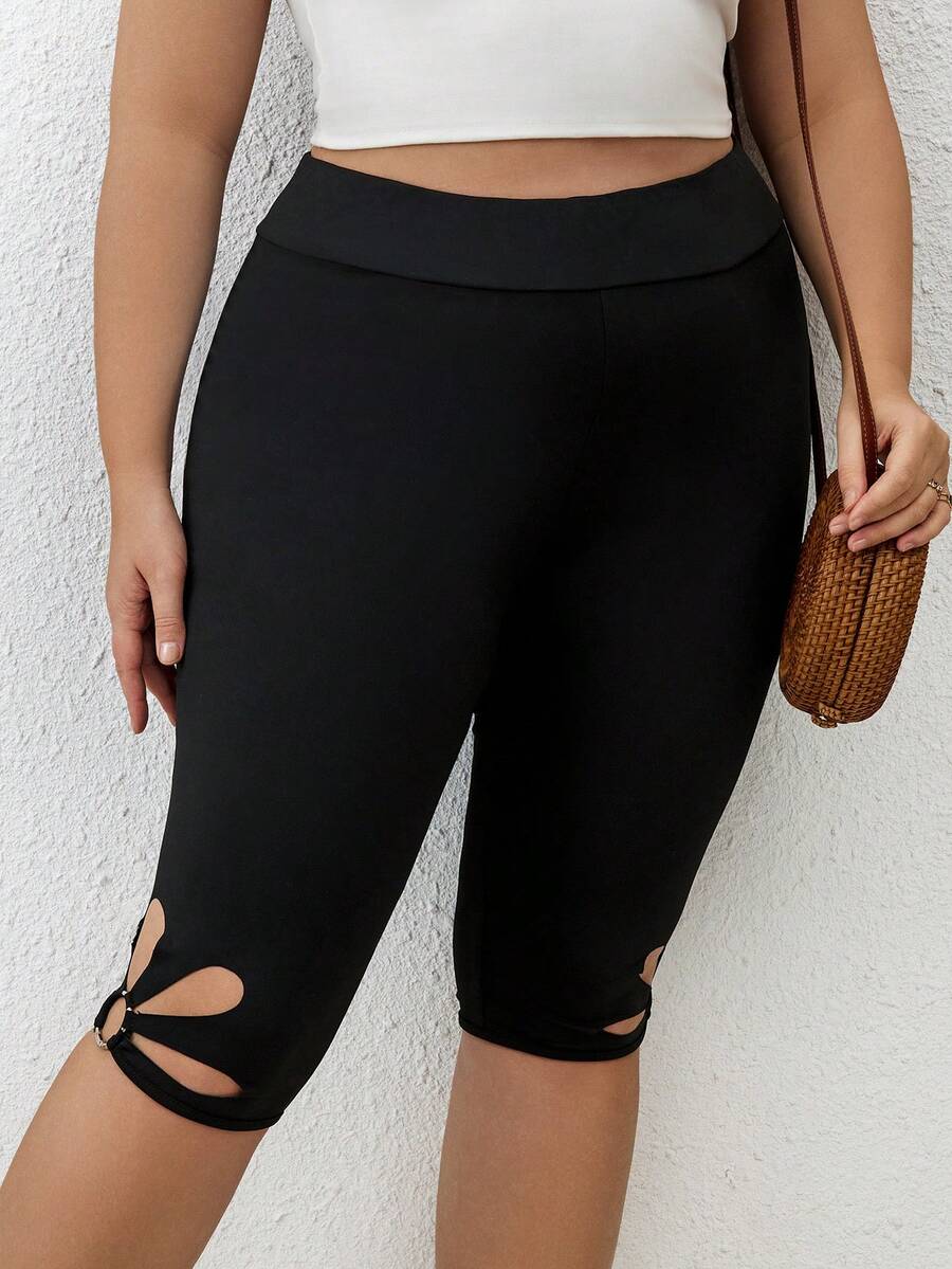 SHEIN LUNE 大尺碼實色中空褲襪 - 黑色 - 查看 1