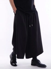 Chillumni 男士抽绳腰斜口袋裤 加大码长款褶皱男式纯黑色 秋季外出裤 - 黑色 - 查看 5