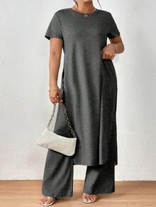 SHEIN LUNE 大尺碼側面分開長上衣與寬腿褲的兩件套裝 - 深灰色 - 查看 5