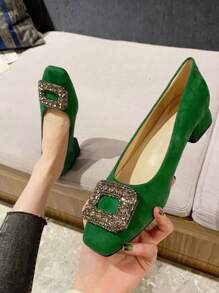 Fall/Winter Fashionable Classic Suede Chunky Heel Square Toe Pumps With Full Rhinestone Buckle Detailing For Women,Flats - Green - View 8