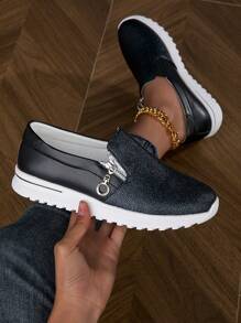 BALTEOP Women Green Metal Zipper Casual Comfortable Slip-On Elastic Strap PU Leather Patchwork Plaid Sneakers - Black - View 3