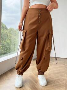 Flirla Plus Size Women's Casual Cargo Pants With Large Pockets - Brown - View 3