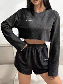 INAWLY Quý cô In thư Quần skinny Áo Và Bộ quần short - Màu xám đen - Xem 5