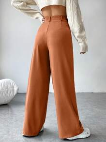 SHEIN EZwear 束口打褶斜口袋直筒西裝長褲 - 橘色 - 查看 2
