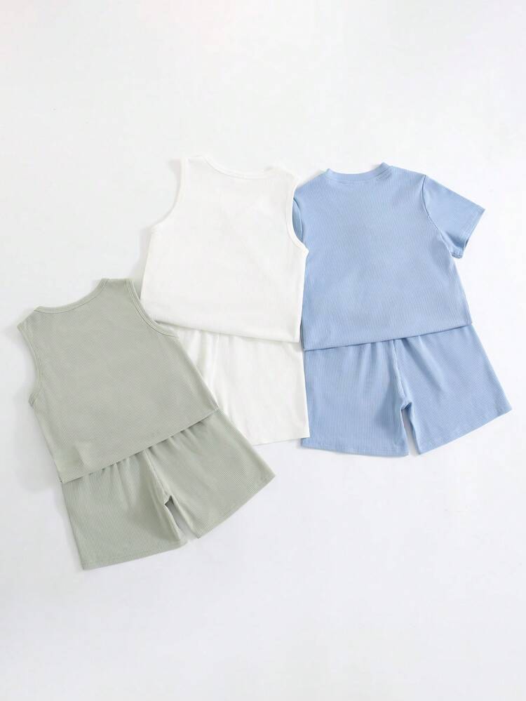 6pcs Young Boy's Casual Knitted Ice Silk Ribbed Buttoned Top With Round Neck Short Sleeve T-Shirt And Shorts Set, Suitable For Both Outdoor And Indoor Activities, Spring And Summer Matching Set