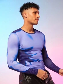 FeverCity 男士對比色身體印花修身t恤 - 藍色 - 查看 3