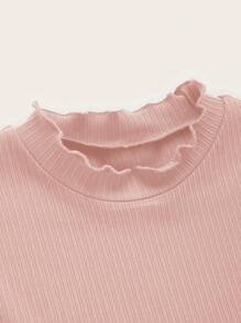 SHEIN Privé Chất rắn Gân đan Lá sen tỉa Ống tay áo Áo thun - Hồng - Xem 4