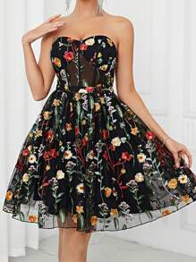 SHEIN Belle Elegant Women's Black Multi-Color Strap Top See-Through Romantic Mesh Embroidery 3D Floral A-Pend Fluffy Country Music Festival Easter Summer Vacation Wedding Event Bachelor Party Date Graduation Party Date Cocktail Party Dress Prom Semi Formal Wedding Guest Dress, For Birthday, Homecoming - Black - View 3