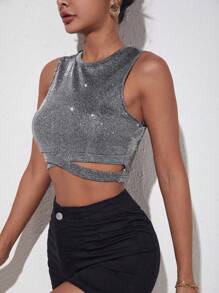 SHEIN Privé Cut Out Waist Glitter Tank Top - Grey - View 4