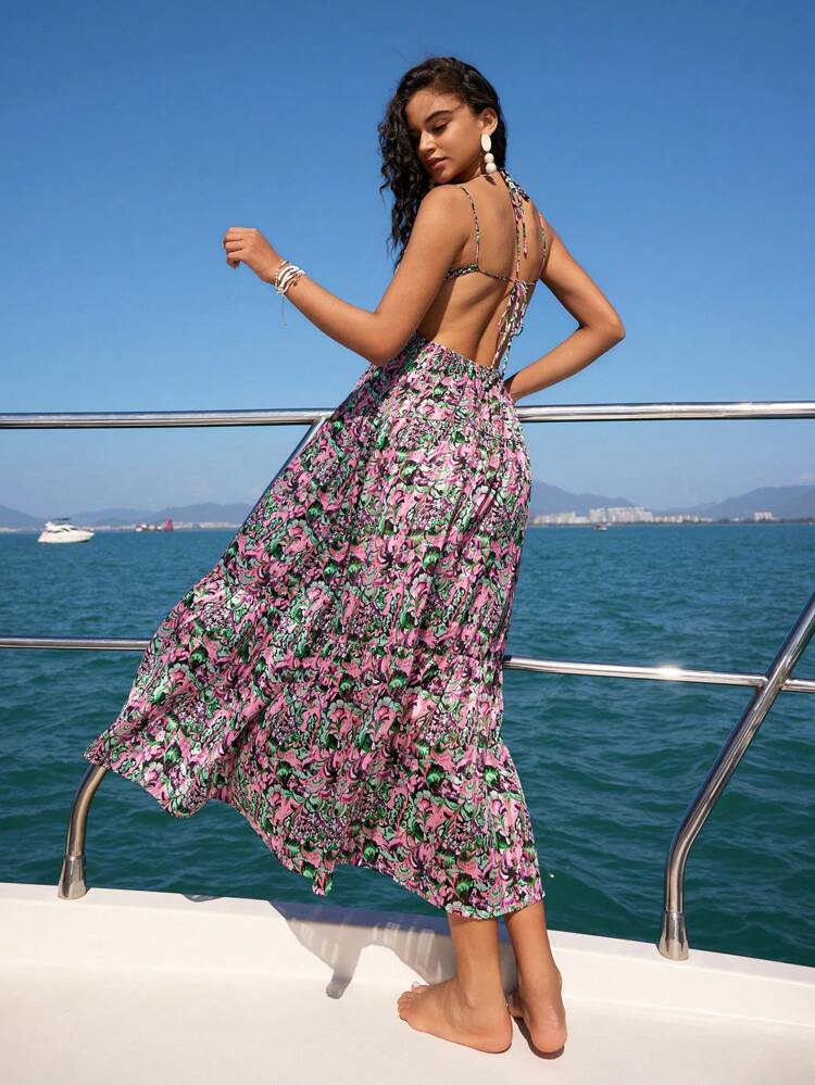 Women's Plant Pattern Print Backless Spaghetti Strap Dress