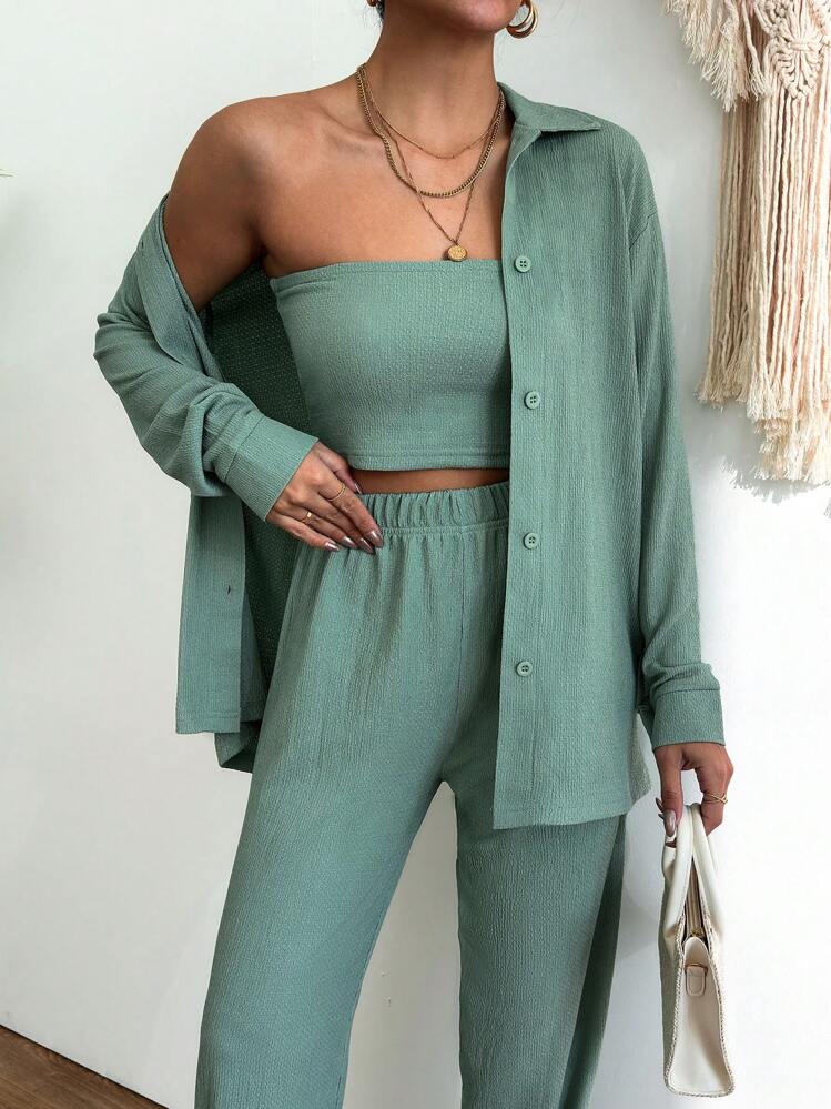 EURMUSE 3pcs/Set Casual Fashionable Textured Shirt & Strapless Top & Pants Set - Green - View 1