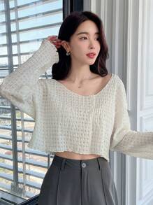 DAZY Áo thun nữ tay dài dáng rộng cổ tròn họa tiết màu trơn không đối xứng phía trước, quần áo mùa thu - Màu be - Xem 1