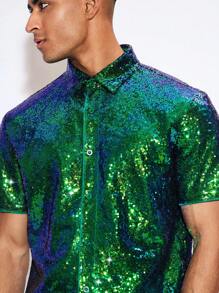 GENTILAND Men's Sequin Short Sleeve Shirt - Green - View 7