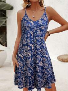 Kleid mit Pflanzendruck, Trägerkleid, lässig, Urlaubskleid - Königsblau - Übersicht 1