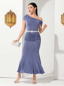 Modelyn Women's Solid Color Asymmetrical Collar Gathered Fish-Tail Dress, Semi Formal Dress Long Evening Dresses - Dusty Blue - View 5