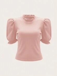 SHEIN Privé Chất rắn Gân đan Lá sen tỉa Ống tay áo Áo thun - Hồng - Xem 1