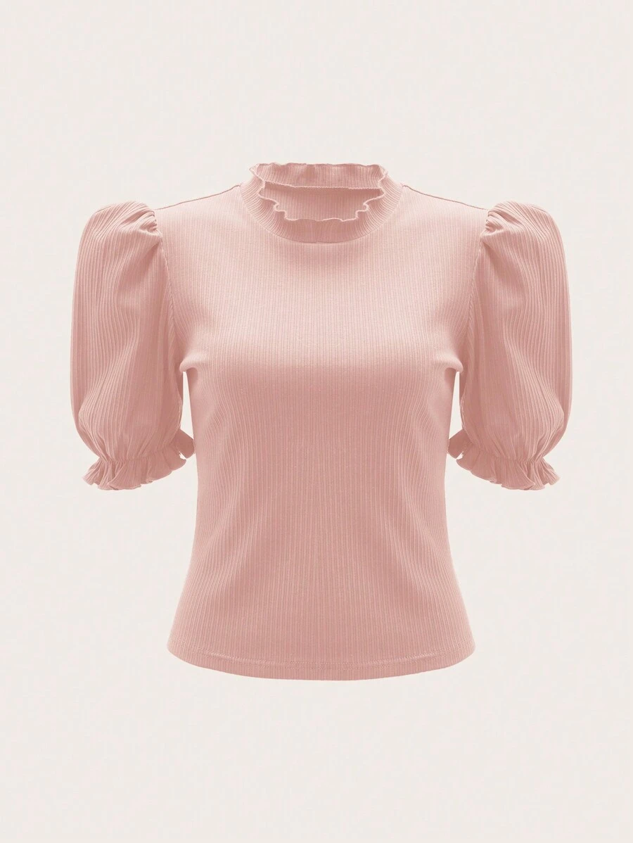 SHEIN Privé Chất rắn Gân đan Lá sen tỉa Ống tay áo Áo thun - Hồng - Xem 1