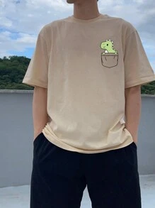 Claim Dot Men's Cartoon Dinosaur Print Short Sleeve T-Shirt - Apricot - View 1